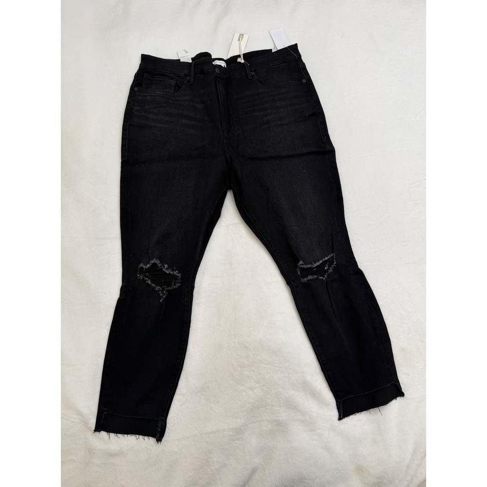 Good American Good Legs Crop Jeans Women 22 Black NEW Distressed Raw Hem Skinny